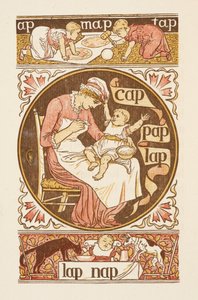 Reimwörter, die mit dem Buchstaben P enden. Eine Illustration, die eine Frau zeigt, die ein Kind füttert. Der goldene Primer.