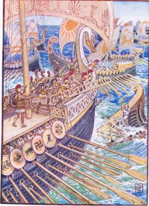 Schiff prallte gegen Schiff, bis die persischen Toten das Meer wie Blumen bedeckten, Illustration aus Die Geschichte Griechenlands, 1930er Jahre von Walter Crane