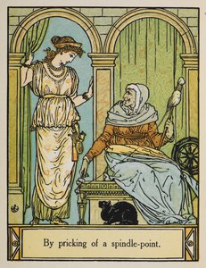 Dornröschen steht neben einer alten Frau mit einem Spinnrad und Faden. Eine schwarze Katze sitzt darunter von Walter Crane