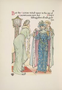 Hochzeitsgäste verlassen. Eine Dame verabschiedet sich; ein Mann hilft ihr, ihren Mantel anzuziehen