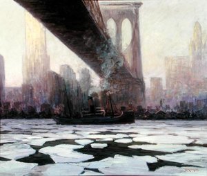 Schiff im gefrorenen Wasser unter der Brooklyn Bridge von Walter Koeniger