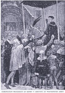 Krönungsprozession von Heinrich V. Ankunft in der Westminster Abbey 1413, aus Cassells Geschichte des britischen Volkes veröffentlicht von der Waverley Book Company Limited, ca. 1940 von Walter Paget