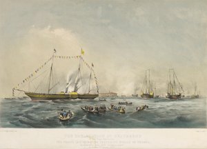 Das Einschiffen von Prinz Friedrich Wilhelm IV. von Preußen (1795-1861) und seiner Frau Elisabeth von Bayern (1801-1873) an Bord des Schiffes Victoria und Albert, in Gravesend, England, am 2. Februar von Walter William May