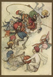 Tafel 4: "Statt Süßigkeiten etwa ein Dutzend Dämonen." Folk-Tales of Bengal ... Mit 32 Illustrationen in Farbe von Warwick Goble (Edition de luxe) von Warwick Goble