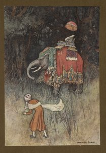 Tafel 8: "Plötzlich kreuzte ein prächtig geschmückter Elefant seinen Weg", aus Folk-Tales of Bengal ... Mit 32 Illustrationen in Farbe von Warwick Goble (Edition de luxe)