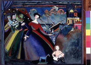 "Le navire" Jeunes femmes à quai, au loin un bateau semble faire naufrage. Gemälde von Vassily Kandinsky (oder Wassily Kandinski oder Kandinskij)