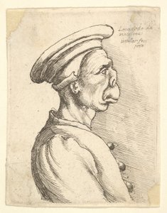 Büste eines Mannes mit flacher Nase und vorstehendem Mund, der eine flache Mütze und einen geknöpften Mantel trägt..., 1660