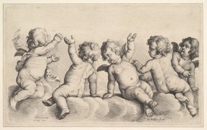 Drei Putten und zwei Jungen auf Wolken, 1620-77