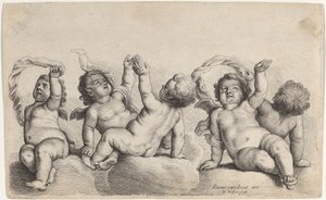 Drei Cherubim und zwei Jungen, die jeweils einen Arm auf Wolken heben