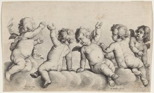 Drei Engel und zwei Jungen auf Wolken