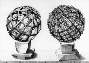 Perspektivische Illustration, zwei Kugeln, Gravur aus Perspectiva Corporum Regularium, von Wentzel Jamnitzer (1508-1585), Nürnberg