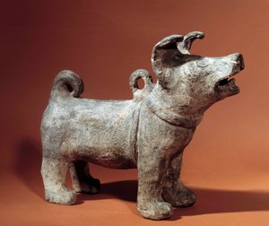 Chinesische Kunst: Molosser mit Geschirr. Terrakotta-Begräbnisstatuette aus der Han-Periode (206 v. Chr.-220 n. Chr.). Musée Cernuschi, Paris von Western Han Dynasty Chinese School
