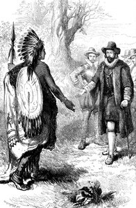Empfang eines Narragansett-Kriegers durch John Winthrop, Massachusetts, um 1630er Jahre, um 1880