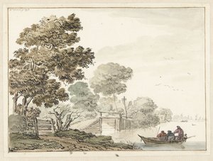 Landschaft mit einer Holzbrücke und Bäumen entlang eines Kanals