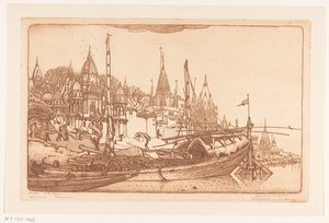 Schiff mit Brennholz am Ufer des Ganges in Benares von Wijnand Otto Jan Nieuwenkamp (signed by artist)