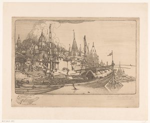 Schiff mit Brennholz am Ufer des Ganges in Benares von Wijnand Otto Jan Nieuwenkamp (signed by artist)