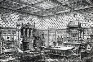 Entwurf für ein gotisches Esszimmer, veröffentlicht in The House-Furnisher & Decorator, 1. September 1872 von Wilberforce Haddon