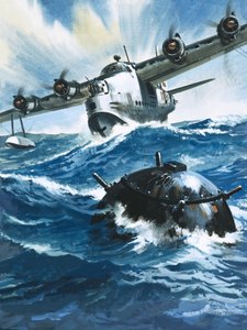 Als Fliegeroffizier G. O. Singleton den Motor der Short Sunderland startete, sah er eine treibende Mine von Wilf (20th century) Hardy