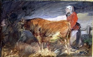 Frau und Kuh in einer Landschaft