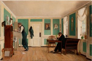 Innenraum von Amaliegade, Kapitän Carl Ludvig Bendz stehend und Dr. Jacob Christian Bendz sitzend