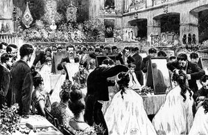 Vorführung von Frisuren durch den Deutschen Friseurverband im Berliner Konzerthaus, 1887 von Wilhelm Geissler
