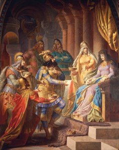 Gudrun willigt ein, Attila, den König der Hunnen, zu heiraten, aus der Gudrun-Saga, Obere Halle, ca. 1883-84