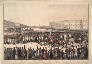 Eine Überprüfung der russischen Infanterie auf dem Palastplatz in St. Petersburg, 1809-1813 von Wilhelm Kobell Ritter von