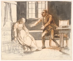 Ein Mann streckt die Arme zu einer Frau aus, die ohnmächtig auf einem Stuhl sitzt von Wilhelm Marstrand