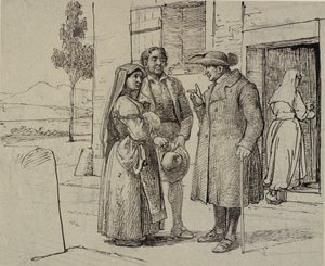 Vor einem Haus ermahnt ein Priester ein junges Ehepaar von Wilhelm Marstrand