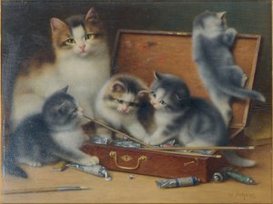 Mutterkatze und ihre Kätzchen spielen in einer Malbox von Wilhelm Schwar