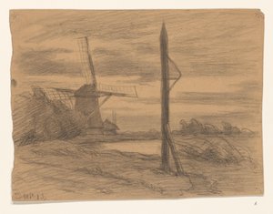 Landschaft mit Pfahl und Windmühle
