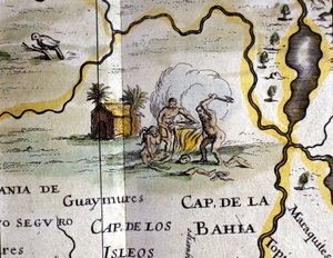 Brasilien. Kannibalen, die einen Mann mit einer Axt darstellen. Detail einer Karte aus dem Atlas von W. Blaeu