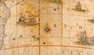 Detail von Kampfschiffen im Atlantischen Ozean von einem terrestrischen Globus 1645/48 von Willem Blaeu
