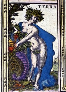 Die Erde, eines der vier Elemente dargestellt im Atlas von W. Blaeu, gedruckt in Amsterdam im Jahr 1655 von Willem Blaeu