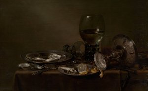 Stillleben mit Austern, einer silbernen Tazza und Glaswaren, 1635