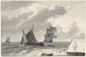 Segelschiffe auf stürmischem Wasser vor der Küste