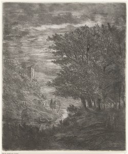 Hügellandschaft mit Ruine und Boot auf Wasser bei Mondlicht