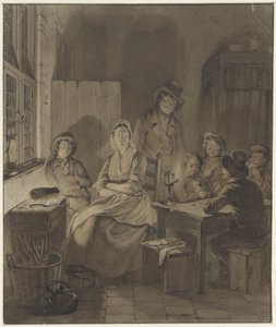 Interieur mit Gruppe von Menschen um einen Tisch bei Kerzenlicht von Willem Pieter Hoevenaar