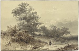 Landschaft mit Gebüsch und einer Figur auf einem Feldweg