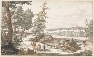 Landschaft mit Eseln auf einem Weg