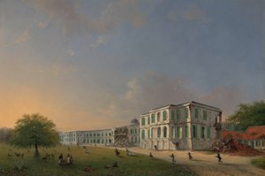 Vorderansicht des Buitenzorg-Palastes während des Erdbebens vom 10. Oktober 1834