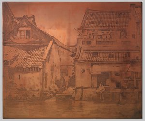 Batavia. Häuser am Kali, Wäscherin an der Treppe eines Hauses rechts von Willem Arnoldus Witsen