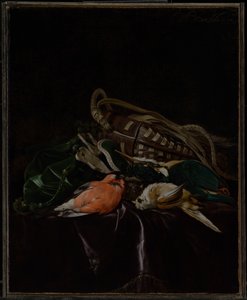 Stillleben mit toten Vögeln und Jagdtasche