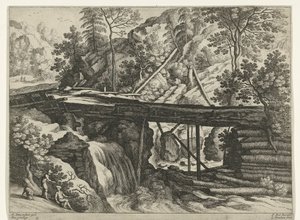 Berglandschaft mit hölzernem Aquädukt von Willem van Nieulandt (II)