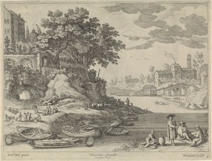 Hafen mit Ruderbooten, Figuren und Vieh