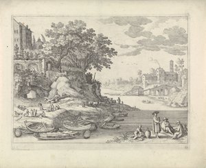 Hafen mit Ruderbooten, Figuren und Vieh