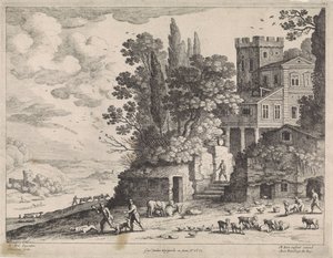 Landschaft mit einem Haus, Figuren und Vieh