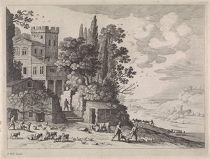 Landschaft mit einem Haus, Figuren und Vieh von Willem van Nieulandt (II)