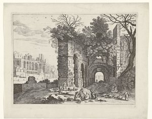 Rastende Familie vor einer Ruine