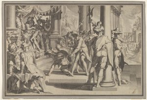 Allegorie der Gerechtigkeit Heiligkeit des Gesetzes mit einer Gerichtsszene, die einen begnadigten Mann darstellt, 1605 von Willem van Swanenburg